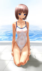 Rule 34 | 1girl, :o, absurdres, bare shoulders, barefoot, blue eyes, blush, breasts, brown hair, casual one-piece swimsuit, collarbone, feet, female pubic hair, hand on thigh, high cut, highleg, highleg swimsuit, highres, hip focus, kneeling, navel, nipples, one-piece swimsuit, original, outdoors, petite, pool, poolside, pubic hair, pussy, rasukaru, ribs, see-through, short hair, skinny, slender, small breasts, solo, sparse pubic hair, swimsuit, thigh gap, thighs, toes, water, wet