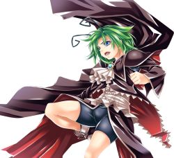 Rule 34 | 1girl, adapted costume, ascot, bike shorts, blue eyes, cape, female focus, green hair, highres, legs folded, open mouth, serious, shoes, short hair, simple background, solo, touhou, white background, white legwear, wriggle nightbug, yoiti