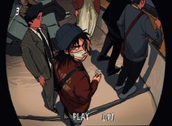 Rule 34 | 1girl, 5boys, beanie, betting ticket, black eyes, black hair, black jacket, black necktie, black pants, brown jacket, closed eyes, closed mouth, commentary, english commentary, fisheye, full body, grey headwear, grey jacket, hat, highres, itou kaiji, jacket, kaiji, long hair, long sleeves, looking to the side, medium bangs, multiple boys, necktie, pants, sanpaku, security camera, short hair, solo focus, standing, striped clothes, striped jacket, striped pants, vertical-striped clothes, vertical-striped jacket, vertical-striped pants, zvz (tt82295946)