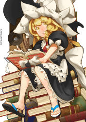 Rule 34 | 1girl, absurdres, artist name, black dress, blonde hair, book, book stack, braid, cup, dress, flip-flops, grin, hat, highres, holding, holding book, kirisame marisa, lamp, looking at viewer, mug, puffy short sleeves, puffy sleeves, sandals, shoe dangle, short sleeves, sitting on books, smile, solo, suergamefreako, touhou, witch, witch hat, yellow eyes