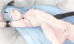 Rule 34 | 1girl, anus, arm up, armpits, azur lane, blue eyes, blue hair, censored, champagne (azur lane), closed mouth, cross, cross hair ornament, female focus, female pubic hair, flat chest, hair ornament, highres, long hair, looking at viewer, lying, malcolm x (artist), navel, nipples, nude, on back, pubic hair, pussy, pussy juice, solo, very long hair