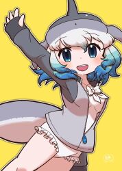 Rule 34 | 1girl, bare legs, blowhole, blue eyes, blue hair, blush, bow, bowtie, cetacean tail, common bottlenose dolphin (kemono friends), cowboy shot, dolphin girl, dorsal fin, fins, fish tail, frilled one-piece swimsuit, frills, grey hair, grey sweater, hair between eyes, head fins, highres, kemono friends, kemono friends 3, long sleeves, looking at viewer, mugise hitsuji, multicolored hair, official alternate costume, one-piece swimsuit, open mouth, short hair, sleeves past wrists, smile, solo, sweater, swimsuit, tail, two-tone sweater, white bow, white bowtie, white hair, white one-piece swimsuit