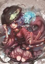 Rule 34 | 1girl, blue hair, bowl, bowl hat, colored eyelashes, frills, hair between eyes, hat, highres, japanese clothes, kimono, kiyomasa ren, kneeling, looking at viewer, md5 mismatch, mini person, minigirl, obi, open mouth, outstretched arm, oversized object, pointy ears, red eyes, sash, short hair, smile, solo, sukuna shinmyoumaru, touhou