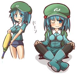 Rule 34 | 1girl, backpack, bag, black pantyhose, blue eyes, blue footwear, blue hair, boots, breasts, grin, hat, highres, indian style, kawashiro nitori, looking at viewer, matching hair/eyes, one eye closed, open mouth, pantyhose, rubber boots, school swimsuit, shirt, sitting, smile, solo, super soaker, swimsuit, swimsuit under clothes, touhou, twintails, two side up, yogurt bakudan