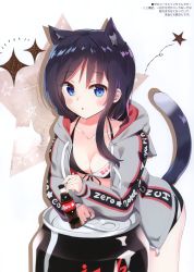 Rule 34 | 1girl, :o, absurdres, animal ears, bikini, black bikini, black hair, blue eyes, bottle, breasts, can, cat ears, cat girl, cat tail, cleavage, cola, collarbone, drawstring, drink can, extra ears, front-tie bikini top, front-tie top, grey jacket, highres, holding, hood, hood down, hooded jacket, jacket, kutata, leaning forward, long hair, long sleeves, looking at viewer, medium breasts, no pants, open clothes, open jacket, original, oversized object, parted lips, scan, sidelocks, soda can, solo, standing, star (symbol), swimsuit, tail, thighs, zipper pull tab