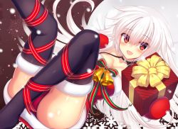 Rule 34 | 1girl, absurdres, bare shoulders, bell, blush, box, breasts, choker, christmas, fur trim, gift, gloves, highres, long hair, looking at viewer, lying, medium breasts, murasame shia, on back, open mouth, original, panties, pantyshot, red eyes, red gloves, red panties, ribbon, smile, solo, thighhighs, underwear, white hair