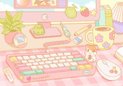 Rule 34 | apple inc., artist name, book, closed mouth, coffee, coffee mug, commentary, cup, desk, desk lamp, emoji, english commentary, english text, eraser, hamster, hamtaro, highres, indoors, keyboard (computer), lamp, leaf, macintosh, meltypuff, monitor, mouse (computer), mug, no humans, open book, original, pencil, plant, potted plant, tamagotchi