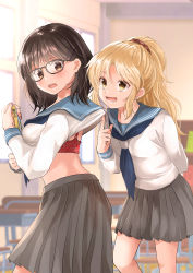 Rule 34 | 2girls, :d, black-framed eyewear, black hair, blonde hair, blue neckerchief, blue sailor collar, blurry, blurry background, blush, book, bra, breasts, brown eyes, chair, clothes lift, commentary request, depth of field, desk, glasses, grey skirt, hair ornament, hair scrunchie, hairclip, highres, holding, holding book, indoors, iroha (shiki), lifting another&#039;s clothes, long hair, long sleeves, medium breasts, multiple girls, neckerchief, open mouth, original, pleated skirt, ponytail, red bra, red scrunchie, sailor collar, school chair, school desk, school uniform, scrunchie, serafuku, shirt, shirt lift, skirt, smile, underwear, white shirt