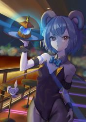 Rule 34 | 1girl, animal ears, armband, bar (place), black leotard, blue bow, bow, breasts, detached collar, grey hair, highres, indoors, kakedashi, lamp, leotard, mouse (animal), mouse ears, mouse girl, mouse tail, nazrin, necktie, pantyhose, red eyes, short hair, small breasts, stool, tail, touhou, tray, wristband