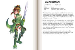Rule 34 | 1girl, animal ears, armor, belt, belt skirt, blush, book, boots, breasts, brown eyes, brown hair, character name, character profile, claws, elbow gloves, english text, faulds, fighting stance, fins, flipped hair, frown, full body, gloves, green footwear, green gloves, green leotard, green thighhighs, hair between eyes, hair ribbon, halterneck, hard-translated, head fins, high ponytail, holding, holding weapon, kenkou cross, knee boots, large breasts, leotard, lizard tail, lizardman (monster girl encyclopedia), looking at viewer, loose belt, monster girl, monster girl encyclopedia, official art, open book, reptile girl, ribbon, scales, sheath, short hair, short ponytail, sidelocks, simple background, slit pupils, solo, sword, tail, tattoo, text focus, thigh strap, thighhighs, third-party edit, translated, turtleneck, unsheathed, weapon, white background, yellow eyes