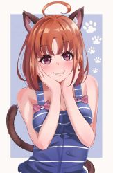 Rule 34 | 1girl, :3, ahoge, animal ears, bare arms, bare shoulders, blue background, blue shirt, border, bow, cat day, cat ears, cat tail, closed mouth, fang, fang out, hands up, highres, igarashi kyouhei, looking at viewer, love live!, love live! sunshine!!, medium hair, orange hair, paw print, pink bow, red eyes, shirt, sleeveless, sleeveless shirt, smile, solo, tail, takami chika, white border