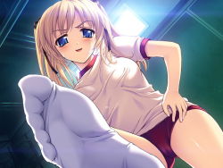 Rule 34 | 1girl, blonde hair, blouse, blue eyes, blush, buruma, embarrassed, feet, female focus, foot focus, from below, game cg, gym uniform, indoors, looking at viewer, nishizono aika, shirt, sister x sister ~lovevery sisters~, smile, socks, soles, solo, sweat, thighs, toes, toma (asagayatei), twintails, white shirt