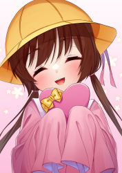 Rule 34 | 1girl, :d, ^ ^, absurdres, blush, box, brown hair, closed eyes, commentary request, dress, facing viewer, gift, gift box, hands up, hat, head tilt, heart-shaped box, highres, holding, holding gift, kindergarten uniform, long hair, long sleeves, low twintails, open mouth, pink dress, school hat, sleeves past fingers, sleeves past wrists, smile, solo, teeth, tenneko yuuri, tsukuyomi ai, twintails, upper teeth only, valentine, very long hair, voiceroid, yellow hat