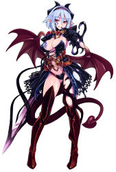 Rule 34 | 1girl, bat wings, blue hair, breast tattoo, breasts, cleavage, demon girl, demon tail, facial tattoo, full body, gem, gluteal fold, has bad revision, heart, heart tattoo, highres, horns, jewelry, kenkou cross, large breasts, living weapon, looking at viewer, md5 mismatch, monster girl, monster girl encyclopedia, monster girl encyclopedia world guide i: fallen maidens, navel, official art, pointy ears, sagging breasts, seductive smile, simple background, slit pupils, smile, solo, standing, succubus (monster girl encyclopedia), succubus wilmarina, sweat, tail, tattoo, thighhighs, white background, wilmarina noscrim, wings