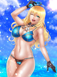 Rule 34 | 10s, 1girl, ;d, adapted costume, atago (kancolle), bikini, black gloves, blonde hair, blue bikini, breasts, cleavage, gloves, green eyes, halterneck, hat, highres, kantai collection, large breasts, long hair, momoman (pink voltage), one eye closed, open mouth, smile, solo, swimsuit