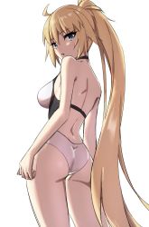 Rule 34 | 1girl, ass, back, blonde hair, blue eyes, breasts, competition swimsuit, elfenlied22, fate/grand order, fate (series), highres, jeanne d&#039;arc (fate), jeanne d&#039;arc (ruler) (fate), jeanne d&#039;arc (swimsuit archer) (fate), jeanne d&#039;arc (swimsuit archer) (second ascension) (fate), large breasts, long hair, looking at viewer, looking back, medium breasts, one-piece swimsuit, ponytail, solo, swimsuit, thighs, very long hair, white one-piece swimsuit