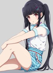 Rule 34 | 1girl, :o, absurdres, arm on knee, bang dream!, black hair, blue sailor collar, blue shorts, blunt bangs, blush, buttons, choker, commentary, cowboy shot, frilled shorts, frills, from side, grey background, hair ornament, hairclip, high-waist shorts, highres, knee up, long hair, looking at viewer, looking to the side, noshimurin, nyubara reona, outstretched arms, parted lips, pink eyes, plaid, plaid shorts, purple choker, sailor collar, sailor shirt, see-through, see-through sleeves, shadow, shirt, shirt tucked in, short sleeves, shorts, sidelocks, simple background, sitting, solo, very long hair, white shirt, x hair ornament