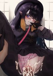 Rule 34 | 1girl, absurdres, black hair, blush, clothing aside, cum, cum in pussy, glasses, gloves, hat, hetero, highres, hololive, hololive english, ninomae ina&#039;nis, ninomae ina&#039;nis (casual), one eye closed, panties, panties aside, pantyhose, penis, pointy ears, pussy, sex, torn clothes, torn legwear, underwear, virtual youtuber