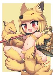 Rule 34 | 1girl, absurdres, animal feet, animal hands, bell, blonde hair, blush, bra, commentary request, commission, fang, fox, fox girl, fox hat, full body, halterneck, highres, holding, holding staff, indian style, kitsune, looking at viewer, monster girl, moonlight flower, nanatsuta, navel, nine tail (ragnarok online), open mouth, ragnarok online, second-party source, sharp teeth, short hair, signature, sitting, skeb commission, smile, staff, teeth, thick eyebrows, two-tone background, underwear, white background, yellow background, yellow bra, yellow fur