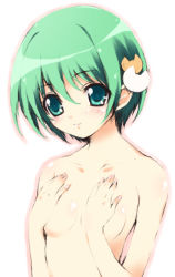 Rule 34 | 00s, 1girl, aqua eyes, blush, body blush, breasts, cat hair ornament, collarbone, covering privates, covering breasts, dejiko, di gi charat, female focus, flat chest, hair between eyes, hair ornament, hands on own chest, light smile, mitsuki mantarou, nude, outline, short hair, simple background, small breasts, smile, solo, topless frame, upper body, white background, winter garden