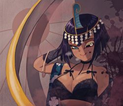 Rule 34 | 1girl, black hair, black sclera, blue eyes, bob cut, bra, breasts, cleavage, colored sclera, elbow gloves, eliza (skullgirls), gloves, heterochromia, highres, large breasts, licking lips, lingerie, rank alee, sekhmet (skullgirls), short hair, skullgirls, smile, solo, tiara, tongue, tongue out, underwear, upper body, yellow eyes