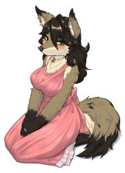 Rule 34 | 1girl, animal ear fluff, animal ears, animal feet, animal nose, back bow, bare shoulders, barefoot, black fur, black hair, blush, body fur, bow, breasts, brown fur, closed mouth, dress, earrings, female focus, frilled dress, frills, full body, furry, furry female, gem, green eyes, hair between eyes, hands on lap, happy, highres, jewelry, kame (3t), large breasts, long hair, looking at viewer, multicolored fur, necklace, original, own hands together, pink bow, pink dress, red gemstone, ring, sash, seiza, sidelocks, simple background, sitting, sleeveless, sleeveless dress, smile, snout, solo, tail, v arms, wedding ring, white background, white fur, wolf ears, wolf girl, wolf tail