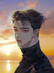Rule 34 | 1boy, absurdres, black hair, black shirt, from side, ha ppy 0, highres, horizon, lips, looking at viewer, looking to the side, male focus, ocean, original, parted lips, portrait, shirt, short hair, sky, solo, sunset, turtleneck