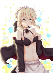 Rule 34 | 1girl, absurdres, alternate costume, apron, artoria pendragon (all), artoria pendragon (alter swimsuit rider) (fate), artoria pendragon (alter swimsuit rider) (second ascension) (fate), artoria pendragon (fate), bare shoulders, bikini, black ribbon, blonde hair, blush, breasts, choker, cleavage, d:, d:&lt;, enmaided, fate/grand order, fate (series), ge ma, groin, hair ribbon, hand on own chest, highres, lace, lace choker, long hair, looking at viewer, maid, maid apron, medium breasts, navel, off shoulder, open mouth, ribbon, ribbon choker, saber alter, swimsuit, v-shaped eyebrows