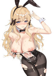 Rule 34 | 1girl, :p, animal ears, bare shoulders, black bow, black bowtie, black nails, black pantyhose, blonde hair, blue eyes, blunt bangs, blush, bow, bowtie, breasts, cleavage, detached collar, fake animal ears, fang qiao, fingernails, hair bow, highres, large breasts, leotard, looking at viewer, nail polish, nipple piercing, nipples, pantyhose, piercing, playboy bunny, princess connect!, rabbit ears, saren (princess connect!), solo, sweat, tongue, tongue out, torn clothes, torn pantyhose, white background
