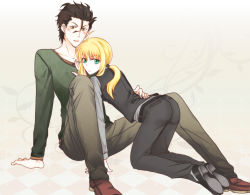 Rule 34 | 1boy, 1girl, ahoge, all fours, alternate costume, artoria pendragon (all), artoria pendragon (fate), bad id, bad pixiv id, belt, blonde hair, blush, brown hair, couple, diarmuid ua duibhne (lancer) (fate), fate/zero, fate (series), formal, green eyes, height difference, hetero, long sleeves, looking back, mole, mole under eye, open mouth, pant suit, pants, ponytail, saber (fate), short hair, suit, yellow eyes, yuu (yu h)