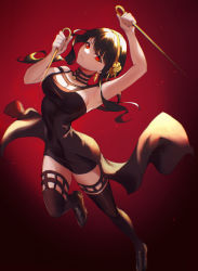 Rule 34 | 1girl, absurdres, arm up, armpits, bare arms, black choker, black dress, black footwear, black hair, boots, breasts, choker, cleavage, closed mouth, dintea, dress, dual wielding, floating hair, flower, full body, hair flower, hair ornament, hairband, highres, holding, holding weapon, medium breasts, red background, red eyes, rose, short dress, sidelocks, sleeveless, sleeveless dress, smile, solo, spy x family, thigh boots, thighhighs, waist cape, weapon, yellow flower, yellow hairband, yellow rose, yor briar, zettai ryouiki