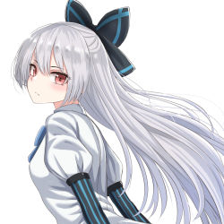 Rule 34 | 1girl, blue bow, blue bowtie, blush, bow, bowtie, breasts, closed mouth, commentary request, dress, girls&#039; frontline, gloves, hair bow, highres, long hair, puffy short sleeves, puffy sleeves, red eyes, short sleeves, silver hair, simple background, solo, striped clothes, striped gloves, tokarev (girls&#039; frontline), upper body, vertical-striped clothes, vertical-striped gloves, very long hair, white background, white dress, yakob labo