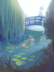 Rule 34 | 1girl, arms at sides, awada room, backlighting, barefoot, bridge, commentary request, dress, closed eyes, flower, grass, halo, highres, lily pad, long sleeves, lotus, nature, original, reflection, reflective water, river, scenery, solo, sunlight, tree, walking, white dress, white hair