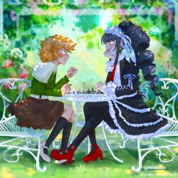 Rule 34 | 1boy, 1girl, :d, absurdres, angry, artist name, black pantyhose, black socks, blurry, blurry background, blush, board game, brown hair, brown skirt, celestia ludenberg, center frills, chair, chess, chess piece, danganronpa: trigger happy havoc, danganronpa (series), day, drill hair, frilled jacket, frilled skirt, frills, from side, fujisaki chihiro, grass, green jacket, high heels, highres, holding chess piece, jacket, kneehighs, layered skirt, long sleeves, open mouth, outdoors, pantyhose, playing chess, profile, red footwear, shirt, short hair, sitting, skirt, smile, socks, table, trap, twin drills, twinklelitchii, twintails, white shirt