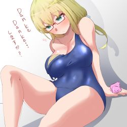 Rule 34 | 1girl, blonde hair, blue one-piece swimsuit, breasts, condom, condom wrapper, dutch angle, feet out of frame, glasses, green eyes, i-8 (kancolle), kantai collection, large breasts, low twintails, one-piece swimsuit, school uniform, shiawase hougan, sitting, solo, strap slip, swimsuit, twintails