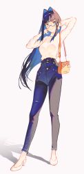 Rule 34 | 1girl, absurdres, bag, black hair, black pants, blue eyes, blue hair, breasts, closed mouth, colored inner hair, full body, glasses, hair intakes, high heels, highres, hololive, hololive english, large breasts, long hair, looking at viewer, multicolored hair, ouro kronii, pants, reinene, shoulder bag, smile, solo, standing, sweater, very long hair, virtual youtuber, white sweater