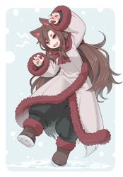Rule 34 | 1girl, alternate costume, animal ears, black pants, boots, brown footwear, brown hair, coat, fang, fingernails, full body, fur-trimmed boots, fur-trimmed coat, fur-trimmed sleeves, fur trim, highres, imaizumi kagerou, long fingernails, long hair, long sleeves, nail polish, open mouth, pants, red eyes, red nails, sharp fingernails, smile, solo, tamahana, touhou, white coat, wolf ears