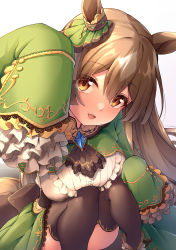 Rule 34 | 1girl, animal ears, awa yume, back bow, black bow, black neckwear, black thighhighs, blue gemstone, bow, breasts, brown hair, commentary request, dress, ear ornament, frilled shirt, frilled sleeves, frills, gem, gold trim, green dress, hair ornament, highres, horse ears, horse girl, horse tail, lace-trimmed sleeves, lace trim, large breasts, long hair, looking at viewer, looking up, satono diamond (umamusume), shirt, sitting, sleeves past wrists, solo, tail, thighhighs, umamusume, very long hair, white shirt, yellow eyes