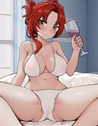 Rule 34 | 1girl, alcohol, arzareia, bed, bra, breasts, cameltoe, cleft of venus, closed mouth, cup, drinking glass, highres, holding, holding cup, honkai (series), honkai impact 3rd, indoors, large breasts, looking at viewer, murata himeko, navel, panties, red hair, sitting, smile, solo, spread legs, underwear, white bra, white panties, window, wine, wine glass, yellow eyes