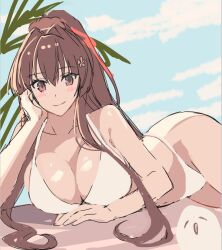 Rule 34 | 1girl, bikini, blue sky, brown eyes, brown hair, cherry blossoms, cloud, cowboy shot, flower, hair flower, hair ornament, kantai collection, kasumi (skchkko), long hair, looking at viewer, lying, on side, ponytail, sky, smile, solo, swimsuit, unfinished, white bikini, yamato (kancolle)