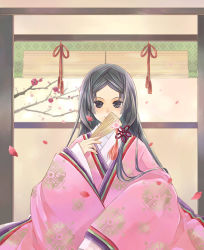 Rule 34 | 1girl, covering own mouth, flower, folded fan, folding fan, hand fan, heian, indoors, japanese clothes, kimono, kuga tsukasa, layered clothes, layered kimono, original, plum blossoms, solo, ume blossoms, window blinds