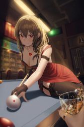 Rule 34 | 1girl, absurdres, ball, bar (place), billiard ball, billiards, black bra, black panties, black thighhighs, blush, bra, breasts, brown hair, cocktail dress, collarbone, commentary, cue stick, dress, earrings, english commentary, garter straps, highres, jewelry, kongsi, lace, lace-trimmed legwear, lace bra, lace trim, large breasts, long hair, looking at viewer, original, panties, pendant, pool table, red dress, red eyes, side slit, sitting, sleeveless, sleeveless dress, solo, spaghetti strap, table, thighhighs, underwear