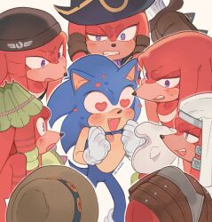 Rule 34 | 6+boys, animal ears, animal nose, artist name, ascot, black headwear, black vest, blue fur, blush, brown headwear, collared vest, fang, furry, furry male, gloves, green gloves, hand up, hands up, hat, heart, heart-shaped eyes, hedgehog, hedgehog ears, hedgehog tail, helmet, knuckles the echidna, looking at another, male focus, multiple boys, multiple persona, open mouth, pirate hat, purple ascot, purple eyes, red fur, rope, simple background, sir gaiwin (knuckles), sk rokuro, smile, sonic (series), sonic and the black knight, sonic and the secret rings, sonic prime, sonic the hedgehog, standing, sweat, sweatdrop, tail, teeth, tongue, veil, vest, white background, white gloves