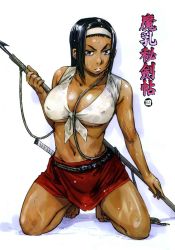 Rule 34 | 1girl, barefoot, black hair, breasts, brown eyes, cleavage, covered erect nipples, dark-skinned female, dark skin, female focus, front-tie top, hairband, highres, kneeling, konchiki, large breasts, looking at viewer, manyuu hikenchou, midriff, navel, official art, oiso, parted lips, polearm, simple background, skirt, solo, spear, translation request, weapon, wet, wet clothes