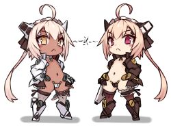 Rule 34 | 2girls, :&lt;, ahoge, armored boots, black footwear, black jacket, blonde hair, blush stickers, boots, brown thighhighs, closed mouth, crotch plate, dark-skinned female, dark skin, grey thighhighs, hair between eyes, jacket, karukan (monjya), knee boots, lightning glare, long hair, long sleeves, maid headdress, multiple girls, navel, open clothes, open jacket, original, puffy long sleeves, puffy sleeves, purple eyes, standing, thighhighs, thighhighs under boots, very long hair, white footwear, white jacket, yellow eyes