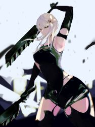 Rule 34 | 1girl, a2 (nier:automata) (cosplay), arm up, armpits, cosplay, dual wielding, elbow gloves, flower, gloves, green eyes, hair flower, hair ornament, highres, holding, holding sword, holding weapon, kaine (nier), medium hair, nier, nier:automata, nier (series), parted bangs, shorts, signature, solo, sword, tank top, thighhighs, twitter username, weapon, white hair, ye ien, a2 (nier:automata)