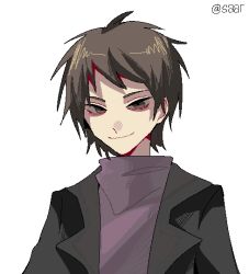 Rule 34 | 1boy, black jacket, brown eyes, brown hair, chinese commentary, closed mouth, colored sclera, commentary request, grey sclera, harada minoru, jacket, male focus, open clothes, open jacket, pixel art, purple sweater, saaar, saibou shinkyoku, short hair, simple background, smile, solo, sweater, turtleneck, turtleneck sweater, upper body, white background