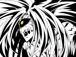 Rule 34 | 0nodera, 1boy, alien, black sclera, close-up, colored sclera, cyclops, fangs, long hair, lord boros, male focus, monochrome, one-eyed, one-punch man, sharp teeth, solo, spiked hair, spot color, teeth, yellow eyes