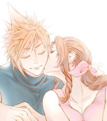 Rule 34 | 1boy, 1girl, aerith gainsborough, blonde hair, blue shirt, blush, brown hair, closed eyes, cloud strife, couple, dress, fig82117s, final fantasy, final fantasy vii, final fantasy vii remake, hair ribbon, hetero, highres, kissing neck, long hair, parted bangs, pink dress, pink ribbon, ribbon, shirt, short hair, sidelocks, sleeveless, sleeveless turtleneck, smile, spiked hair, square enix, turtleneck, upper body, white background