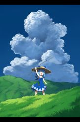 Rule 34 | 1girl, absurdres, arm up, bag, bamboo, blue dress, blue hair, blue sky, bow, butterfly net, cirno, cloud, day, dress, closed eyes, female focus, grass, hair bow, hand net, hat, highres, hill, letterboxed, nature, open mouth, outdoors, plant, sasaj, shoulder bag, sky, smile, solo, straw hat, touhou, wings